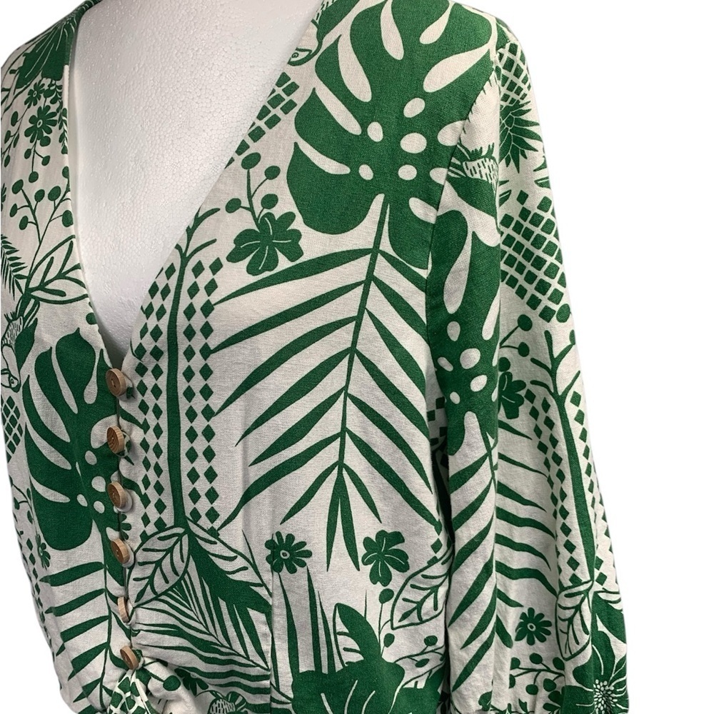 Maison d'Amélie Anthropology Blouse Linen 3/4 Sleeve Boho Resort Green/White L - Picture 5 of 11